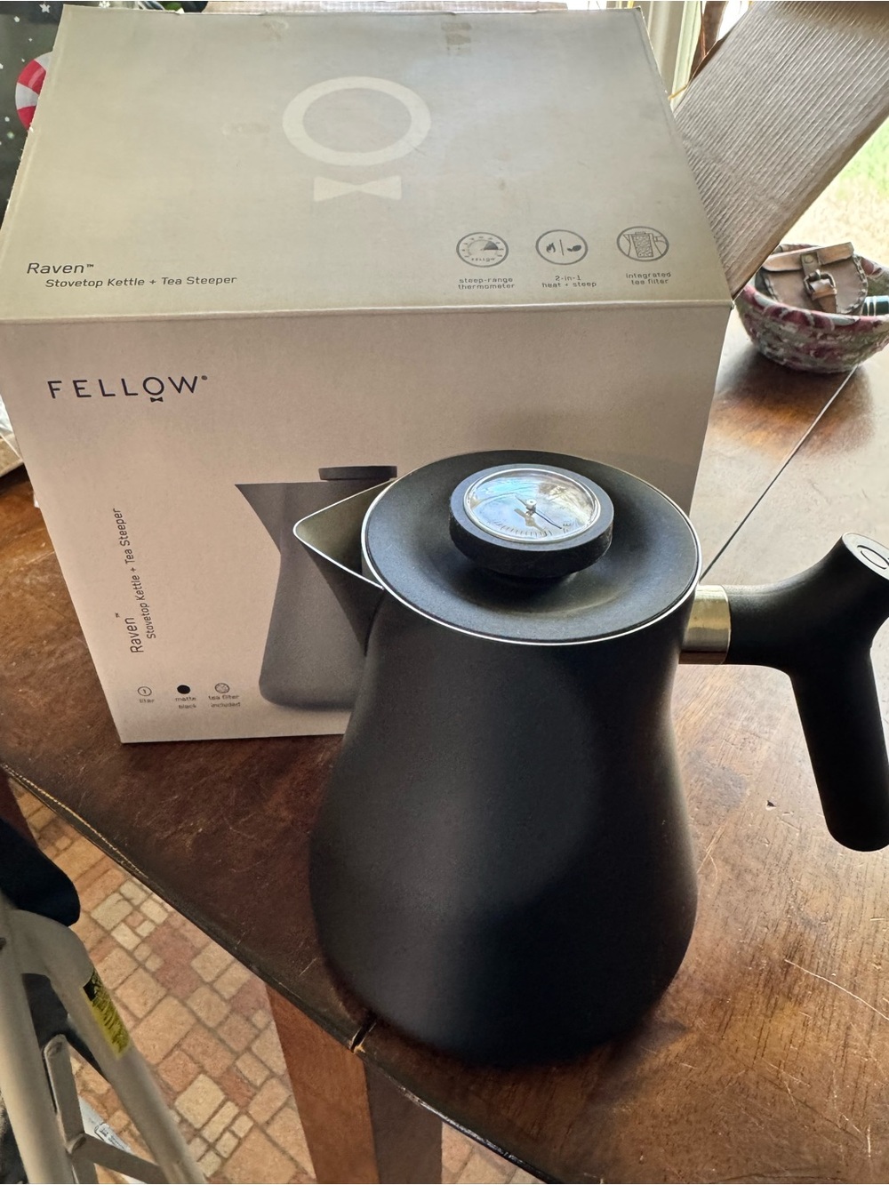 Fellow Raven Stovetop Kettle in Matte Black with Built-in Thermometer